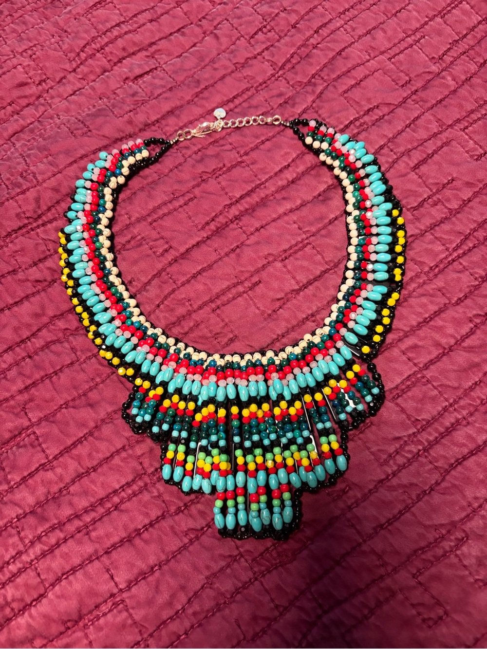 Nakamol Turquoise, Red, Yellow & Black Beaded Fringe Collar Necklace